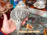 Conch shell, Buddhist ritual conch shell, Carved Buddhist Tibetan Conch Shell,
decorated conch shell, Buddhist conch shell with gemstone