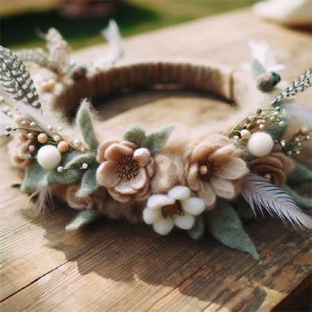 Handcrafted boho-style felt flower crown, perfect for weddings and special occasions.