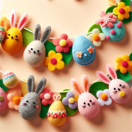 Handmade Easter-themed felt garland featuring bunnies and carrots for festive decor.