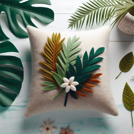 Felt palm leaf pillow unique tropical and trendy craft