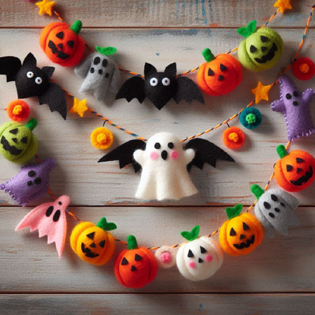 Halloween garland with felt ghosts and bats, perfect for seasonal decor.