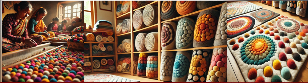 Explore our collection of Handmade Felt Rugs, Wool Carpets, Felt Ball Rugs, Felt Ball Mats, and Flooring Carpets for a touch of elegance and warmth.