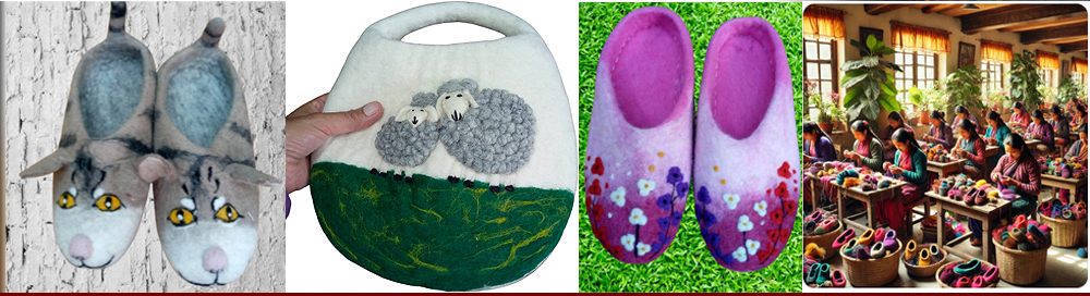 Handmade felt shoes crafted from 100% natural refined sheep wool, including felt baby shoes, adult shoes, slippers, and unique Nepal felt crafts.