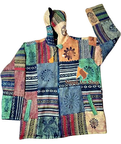 The Patchwork Gheri cotton jacket is a unique piece of Nepali fashion, perfect for winter with boho style and eco-friendly Gheri cotton, offering unisex sustainable clothing from Nepal.